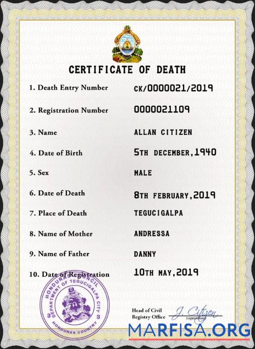 Printable Honduras death certificate PSD template